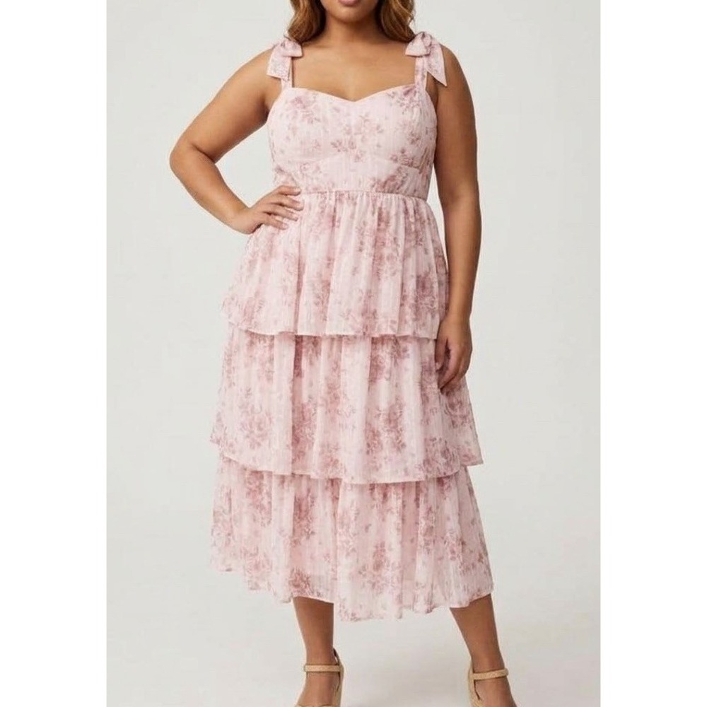 Torrid Pink Chiffon Dress Tiered Tie Straps Midi NWT 2X Coquette Romantic Garden